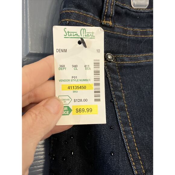 Style New York Womens 10 Black Lace Beaded Hem Dark Wash Blue Denim Jeans - Picture 6 of 9